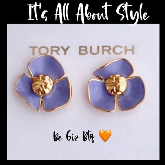 🆕 Tory Burch Authentic Small Purple Resin Fleur & Gold Tone Logo Stud Earrings - Picture 5 of 8